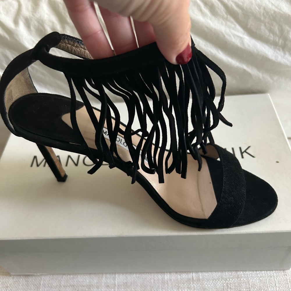 Manolo Blahnik Black Heels with Elegant Fringe
